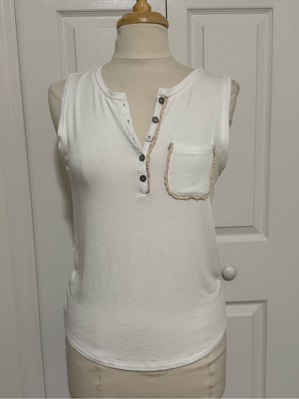 POL White Sleeveless Henley Tank with Contrast Trim